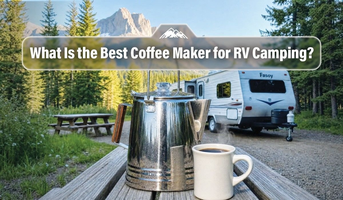 A compact coffee maker brewing fresh coffee outside a modern camper van.