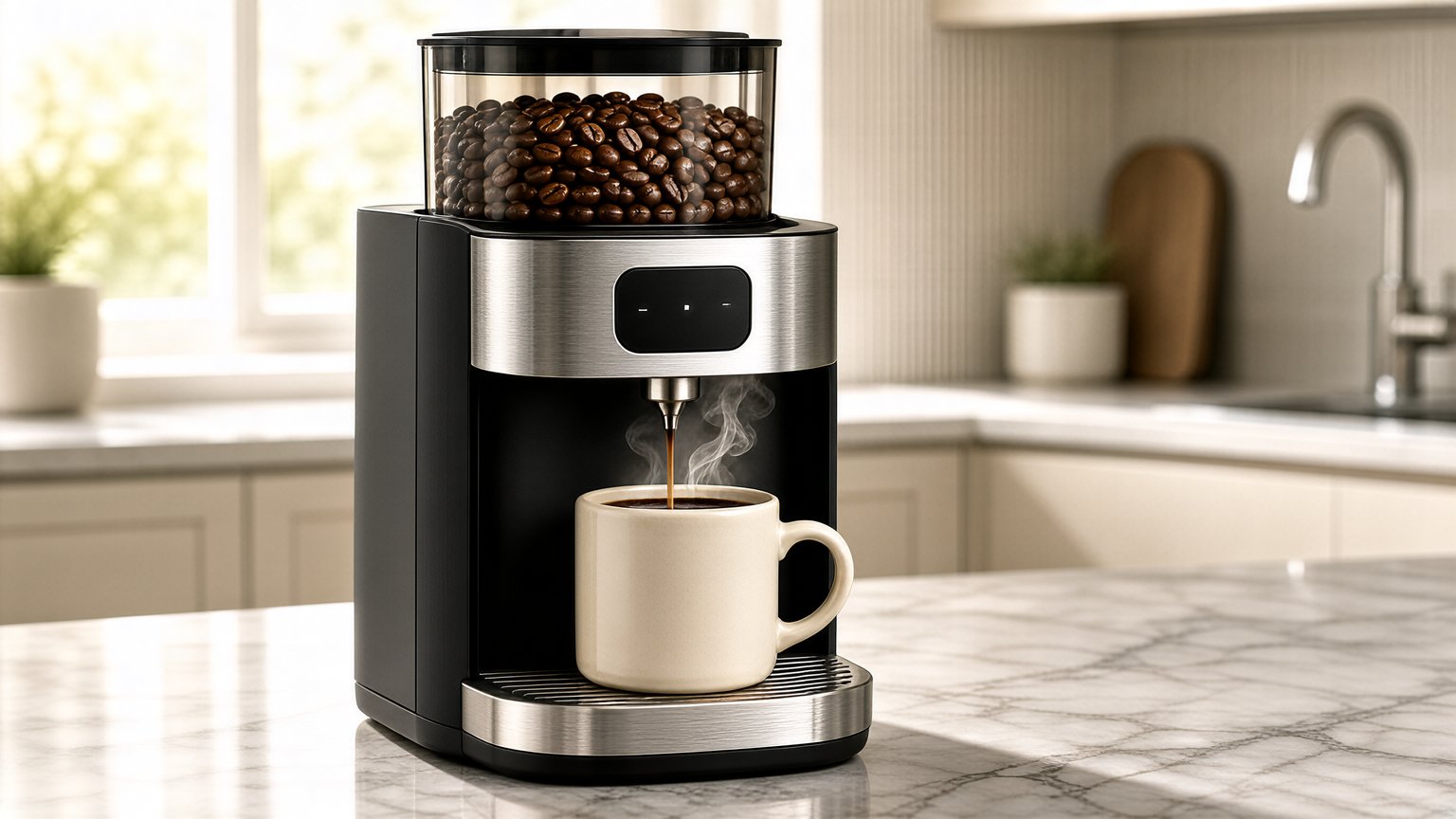 A modern one cup coffee maker with grinder sits on a marble kitchen counter.